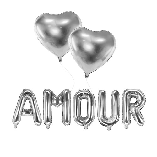 PACK BALLONS "AMOUR" + 2 BALLONS COEURS ARGENT .