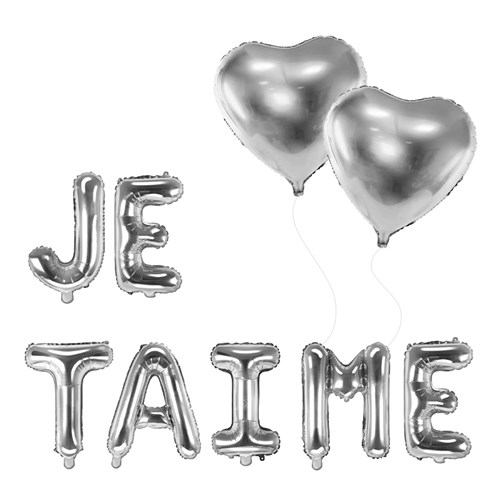 PACK BALLONS JE TAIME + 2 BALLONS COEURS ARGENT
