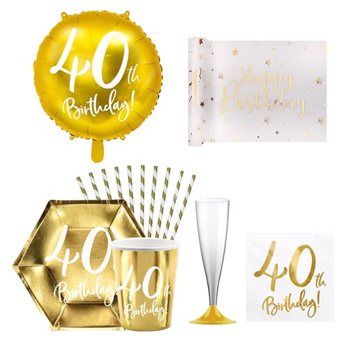 40th Birthday Pack - White and metallic gold - 12 people