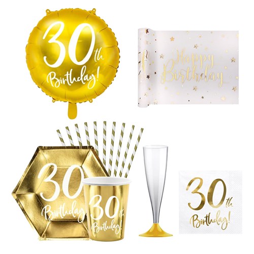 Pack 30º cumpleaños - Blanco y oro metálico - 12 personas