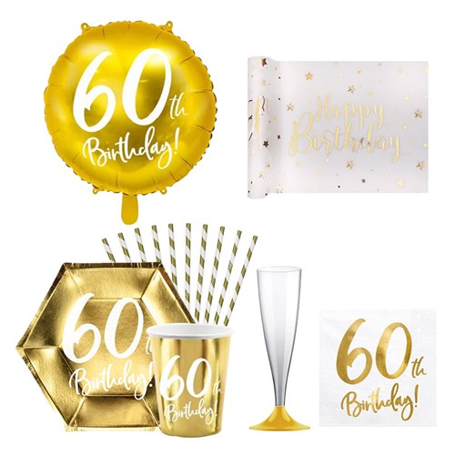 Pack "60th Birthday" - Blanc et or métallique - 12 personnes 