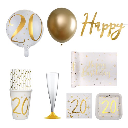 Pack 20 ans Or et Blanc - 20 personnes : Décorations anniversaire
