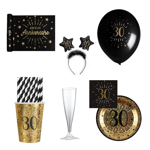 Pack 30ans noir et or scintillant - 10 personnes : Décorations  anniversaire 30 ans - Sparklers Club