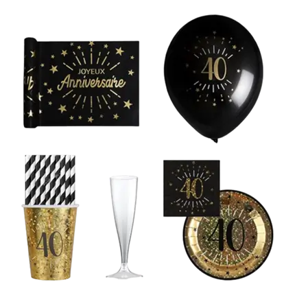 40 Anni Pacchetto Glitter Nero e Oro - 10 persone