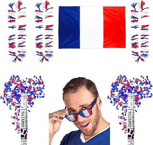 Allez les Bleus Frankrijk Supportersset 7 accessoires: Bril, 3 Hawaïaanse driekleuren, 2 confettikanonnen, 1 Frankrijksvlag 150x90cm