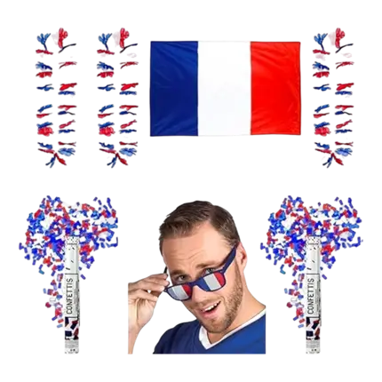 Allez les Bleus Frankrijk Supportersset 7 accessoires: Bril, 3 Hawaïaanse driekleuren, 2 confettikanonnen, 1 Frankrijksvlag 150x90cm