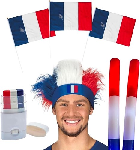 Kit Supporter France Allez les Bleus 7 accessoires : Lunettes, 3 Colliers  Hawaïen Tricolores, 2 Canons à Confettis, 1 Drapeau France 150x90cm