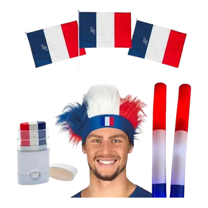 Supporter Kit France Allez les Bleus 7 Accessories: Headdress, Band Make-up, 3 France Flags 30x45cm, 2 Tricolour LED Batons