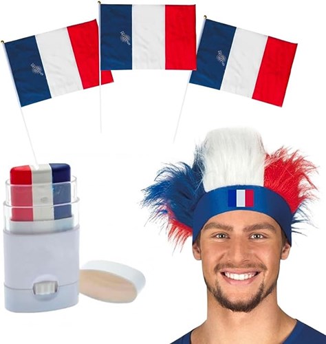 Frankreich Fan-Kit "Allez les Bleus" 5 Accessoires: Kopfschmuck, Make-up mit Streifen in Blau Weiß Rot, 3 Frankreich-Flaggen 30x45cm
