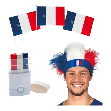 Allez les Bleus France Supporter Kit 5 Accessories: Headdress, Blue White Red Stripe Make-up, 3 France Flags 30x45cm