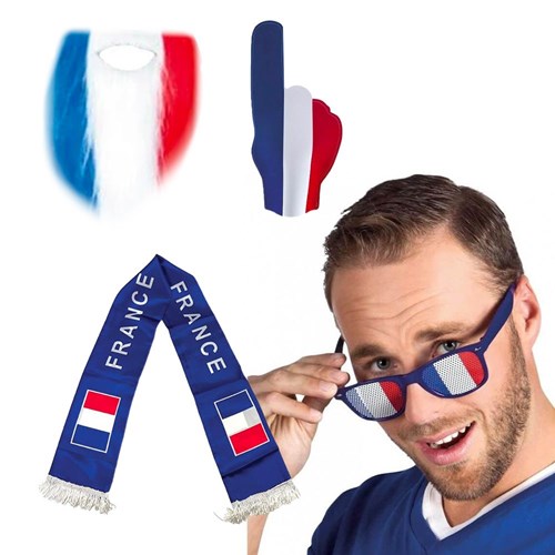 Allez les Bleus Frankrijk Supportersset 4 accessoires: driekleurige vinger, driekleurige baard, Frankrijk sjaal, blauwe bril Frankrijk raster