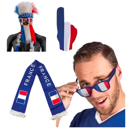 Allez les Bleus Frankrijk Supportersset 4 accessoires: driekleurige vinger, driekleurige baard, Frankrijk sjaal, blauwe bril Frankrijk raster