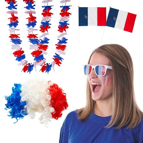 Supportersset France Allez les Bleus 6 accessoires: 2 Frankrijk Vlaggen 30x45cm, Afro Pruik, 2 Frankrijk Hawaï kettingen, Frankrijk Rooster Bril