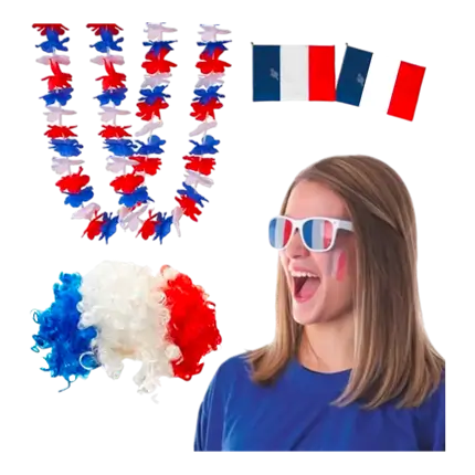 Kit Supporter France Allez les Bleus 6 accessori: 2 Bandiere Francia 30x45cm, Parrucca Tricolore, 2 Collane hawaiane Francia, Occhiali Francia Griglia