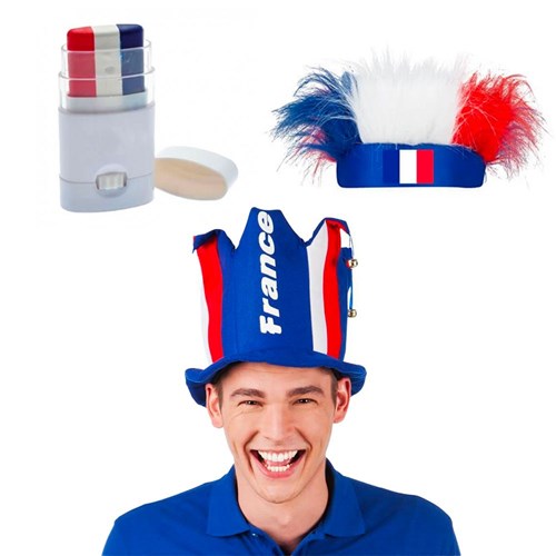 Frankreich-Fan-Set Allez les Bleus 3 Accessoires: Frankreich-Kopfbedeckung, Frankreich-Hut mit Glöckchen, Make-up mit Streifen Blau Weiß Rot für Fußball Rugby