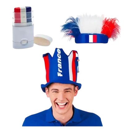 Supporter Kit France Allez les Bleus 3 accessories: Headdress France, Hat France with Bells, Make-up with Blue White Red Stripes for Football Rugby