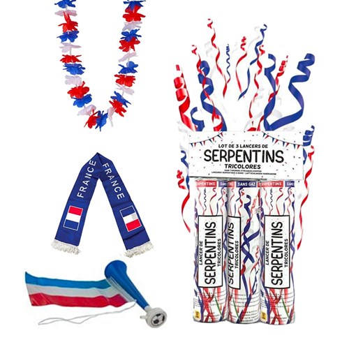 Allez les Bleus France Supporter Kit 6 accessoires: 3 France Serpentine Werpers, France 135cm Sjaal, France 29cm Trompet, France Hawaiian Halsketting