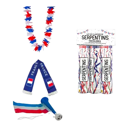 Kit Supporter France Allez les Bleus 6 accessoires : 3 Lanceurs Serpentins France, Echarpe France 135cm, Trompette France 29cm, Collier Hawaïen France