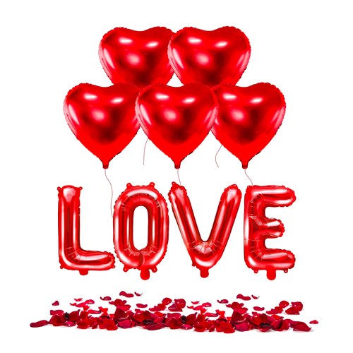 ROMANTIC VALENTINE PACK - Globos corazón rojo (x5) + 100 pétalos de rosa roja + globo LOVE