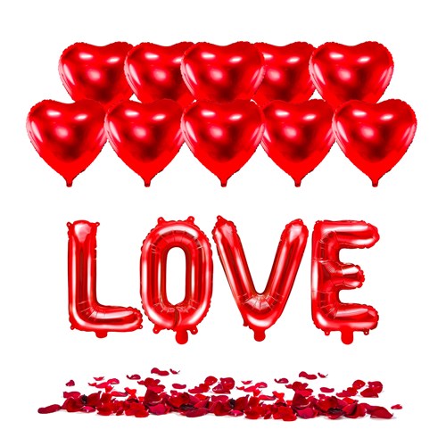 SAINT-VALENTIN XXL ROMANTIC PACK - Palloncini con cuore rosso (x10) + 100 petali di rose rosse + palloncino LOVE