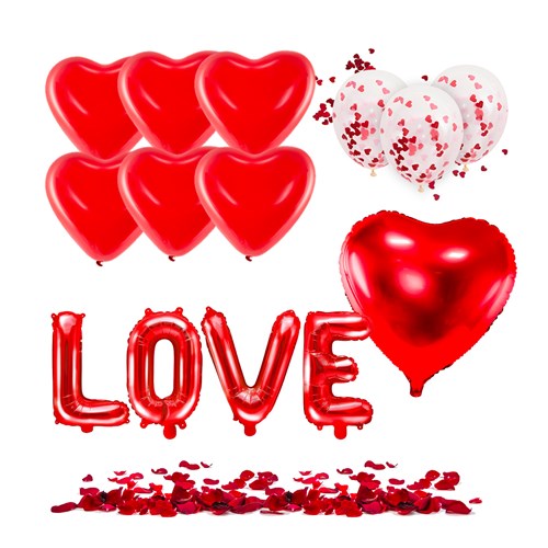 RED LOVE PACK - Rød hjerteballon (x6) + 100 røde rosenblade + LOVE-ballon + røde hjertekonffettiballoner