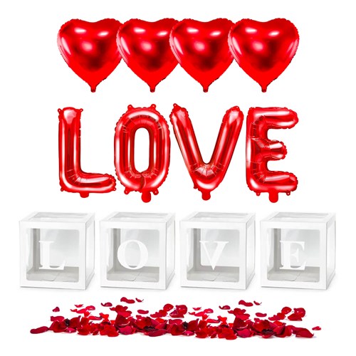 PACK LOVE TO LOVE - Love Cube + Ballon Rotes Herz (x4) + 100 rote Rosenblätter + LOVE Ballon