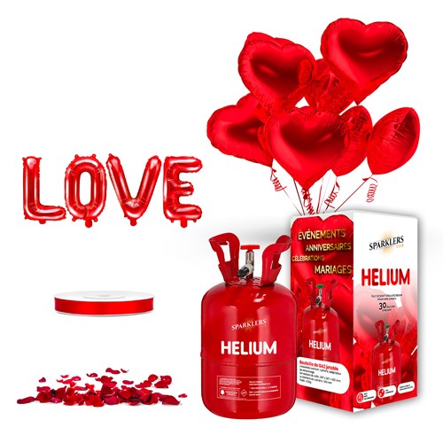 MY VALENTINE RED HEART PACK - Palloncini a cuore rossi (x10) + Bombola ad elio + 100 petali di rosa rossa + Palloncino LOVE + Nastro