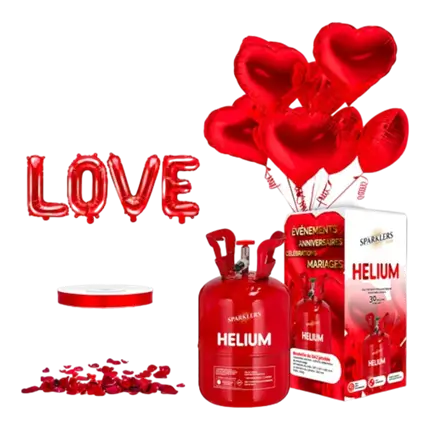 MY VALENTINE RED HEART PACK - Red heart balloons (x10) + Helium bottle + 100 red rose petals + LOVE balloon + Ribbon