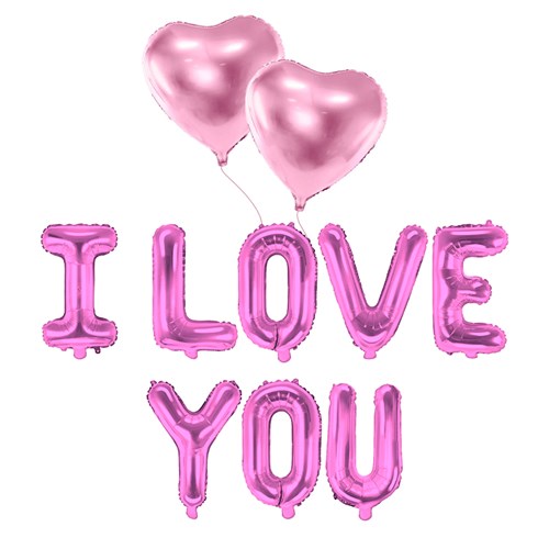 PACK BALLONS I LOVE YOU + 2 BALLONS COEURS ROSE