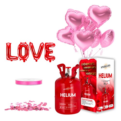 PACK MI VALENTINE CORAZÓN ROSA - Globos corazón rosa (x10) + Botella de helio + 100 pétalos de rosa roja + Globo LOVE + Cinta