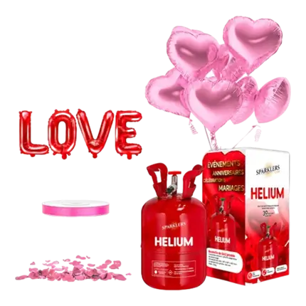 MY VALENTINE PINK HEART PACK - Pink heart balloons (x10) + Helium bottle + 100 red rose petals + LOVE balloon + Ribbon