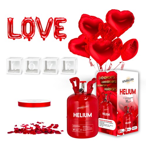 BEDSTE KÆRLIGHED TIL HJERTEPAKKE - Kærlighedsterning + rød hjerteballon (x14) + 20 heliumballoner + 100 røde rosenblade + LOVE-ballon + bånd