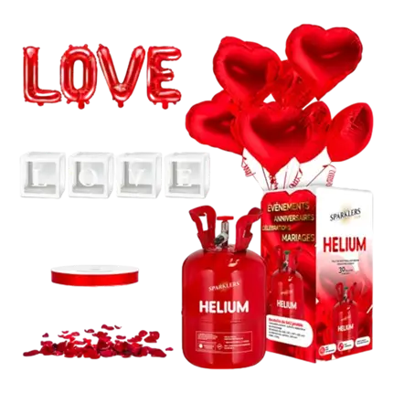 BEST LOVE TO HEART PACK - Love Cube + Red Heart Balloon (x14) + Helium 20 Balloons + 100 red rose petals + LOVE Balloon + Ribbon