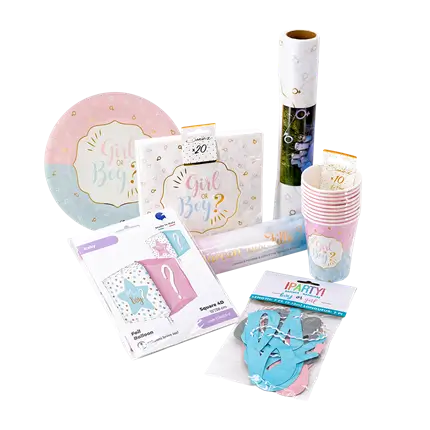 Set of tableware + Confetti gun & Gender Reveal powder pack