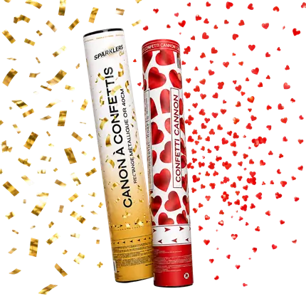 Set van 2 confettikanonnen van 40 cm – Rode hartjes & gouden confetti