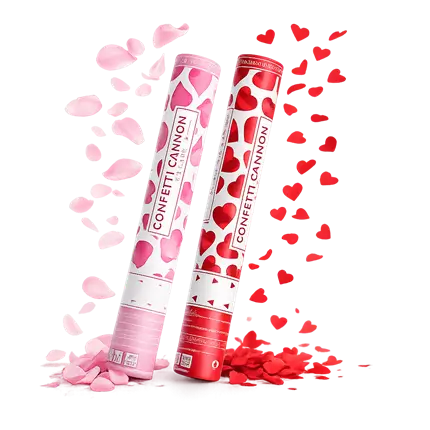 Set van 2 confettikanonnen van 40 cm – Rode hartjes & roze bloemblaadjes
