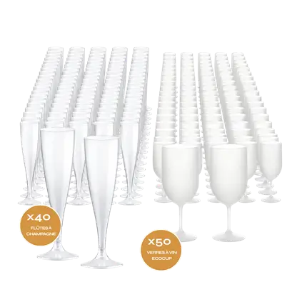 Empfangswein-Set – 50 wiederverwendbare Weingläser „Eco Cup“ (12 cl) + 40 wiederverwendbare Sektgläser (14 cl)