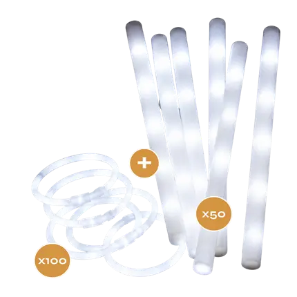 Set witte lichtgevende accessoires – 50 LED-stokjes + 100 fluorescerende armbanden