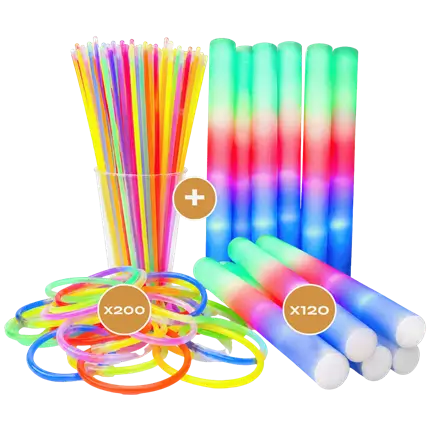 XXL-pakket – 120 veelkleurige LED-stokjes + 200 veelkleurige fluorescerende armbanden