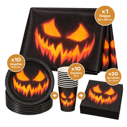 Scary Pumpkin Halloween Disposable Tableware Set – Plates, Cups, Tablecloth, Napkins