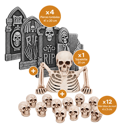 Halloween-dekorationssæt til kirkegården »RIP« – 4 gravsten, et skelet og 12 dødningehoveder