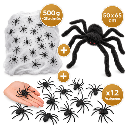 Halloween-dekorationssæt »Edderkoppes invasion« – spindelvæv 500 g, kæmpeedderkop og 12 edderkopper