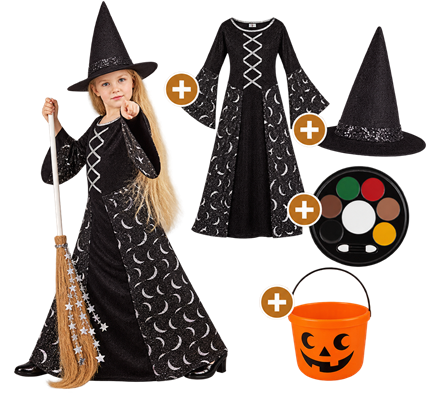 Witch Fancy Dress Pack for Girls Aged 7–9 – Costume, Make-up and Sweet Bucket