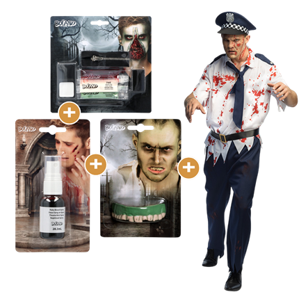 Men’s Zombie Police Officer Fancy Dress Set (M/L) – Costume, Make-up, Teeth and Fake Blood