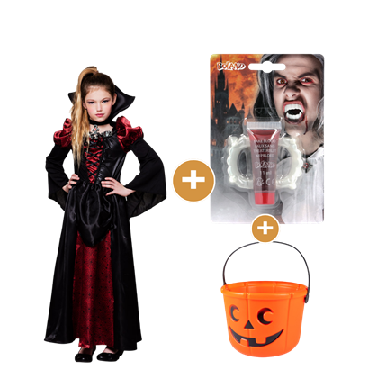 Vampire Queen Fancy Dress Set for Girls Aged 7–9 – Costume, Teeth, Fake Blood and Sweet Bucket
