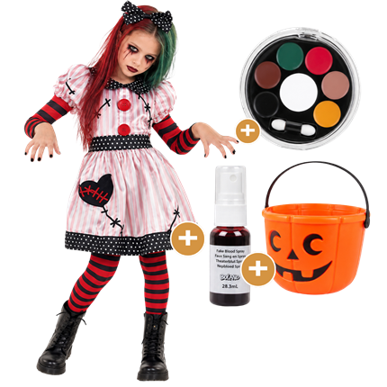Possessed Doll Fancy Dress Pack for Girls Aged 7–9 – Costume, Make-up, Fake Blood and Sweet Bucket