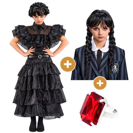 Children’s ‘Wednesday’ Fancy Dress Set, 140 cm – Ball Gown, Wig and Ring