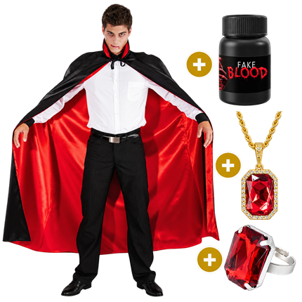Chic Dracula Fancy Dress Set – 152 cm Cape, Ring, Ruby Necklace and Fake Blood