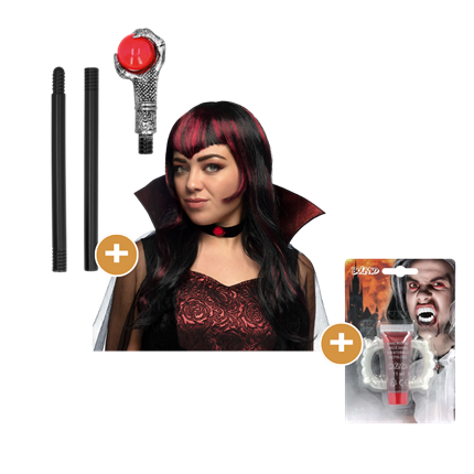 3-Piece Vampire Set – Wig, Teeth with Fake Blood and Halloween Sceptre