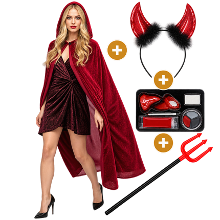4-Piece Devil Costume Set – Red Cape, Trident, Horns and Halloween Make-up